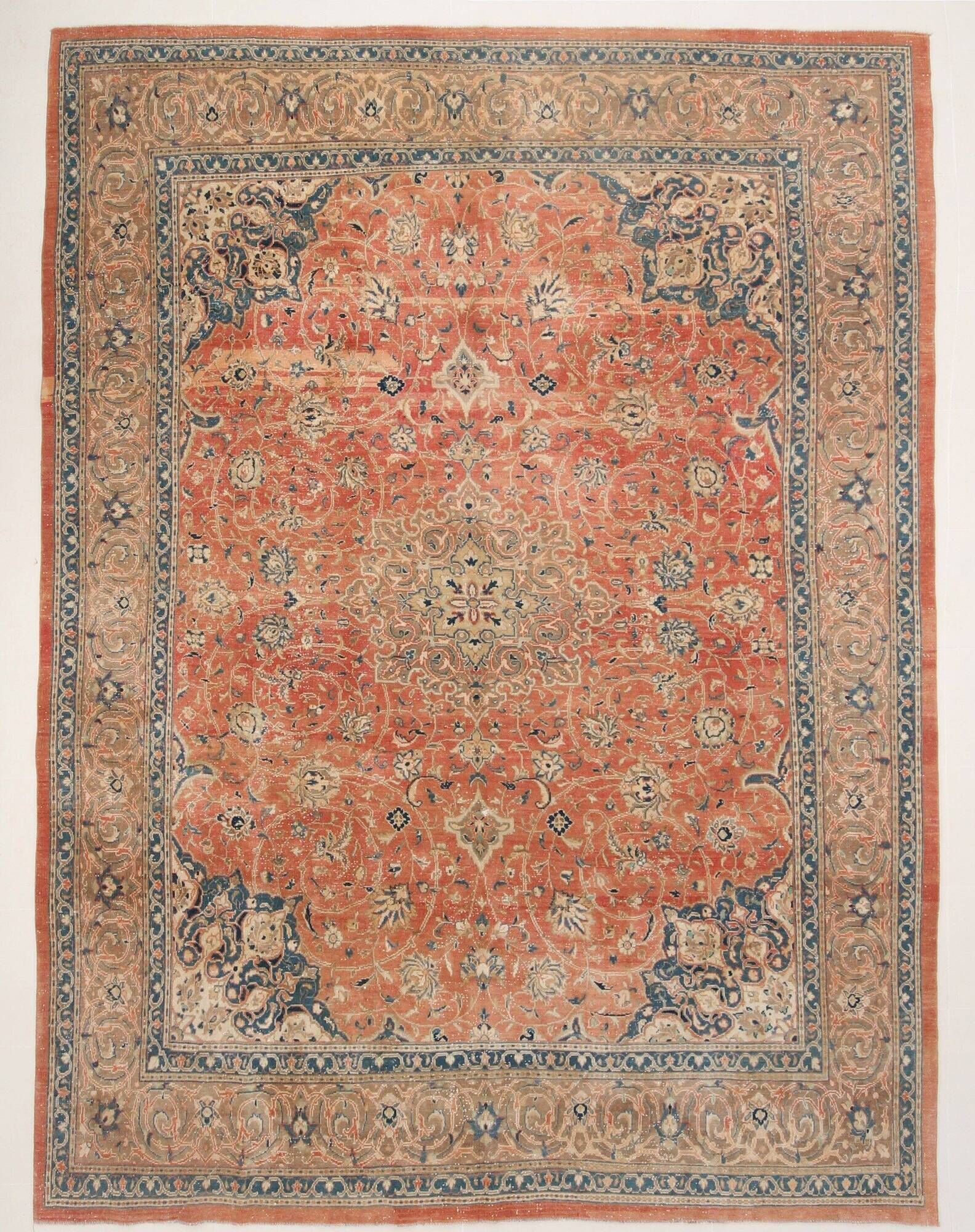 Vintage Turkish wool rug in terracotta beige with flowers, 10 × 13 feet.
