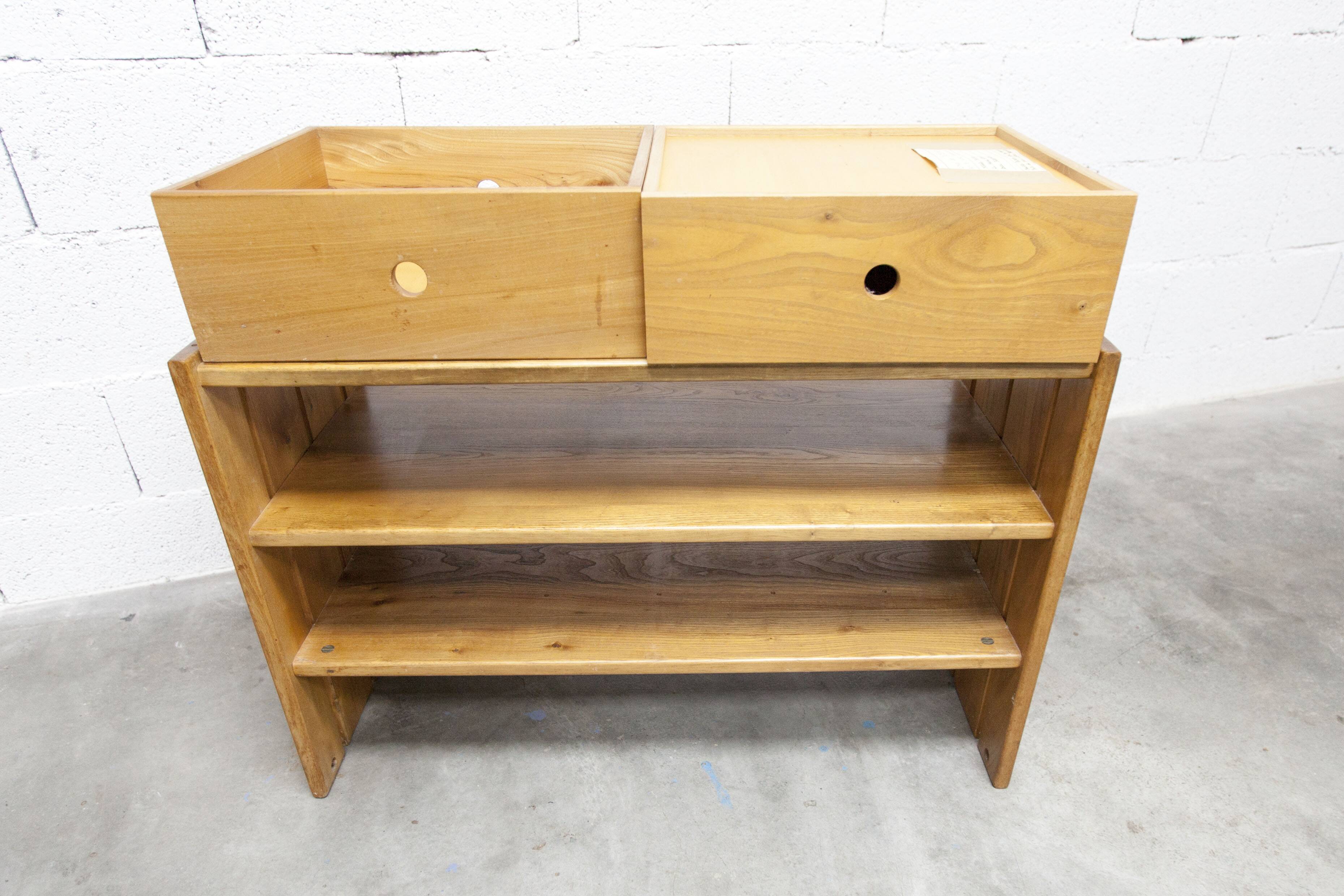 Low cabinet from Maison Regain, solid elm, circa 1960, with drawer