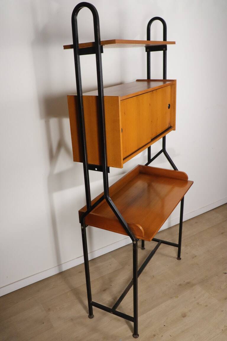 Vintage desk with modular bookcase in wood and metal, 1960