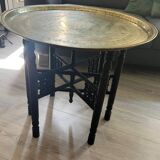 Moroccan coffee table in engraved brass and carved wood