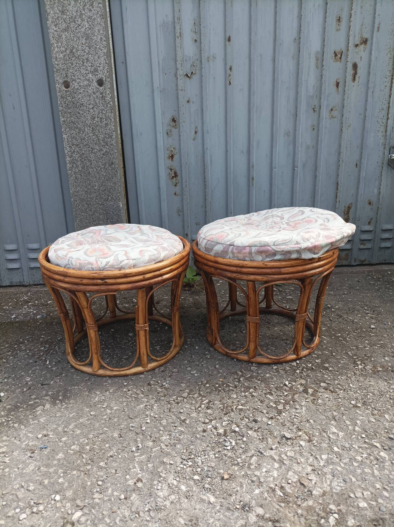 Pair old ottoman stools foot rest round wicker vintage rattan