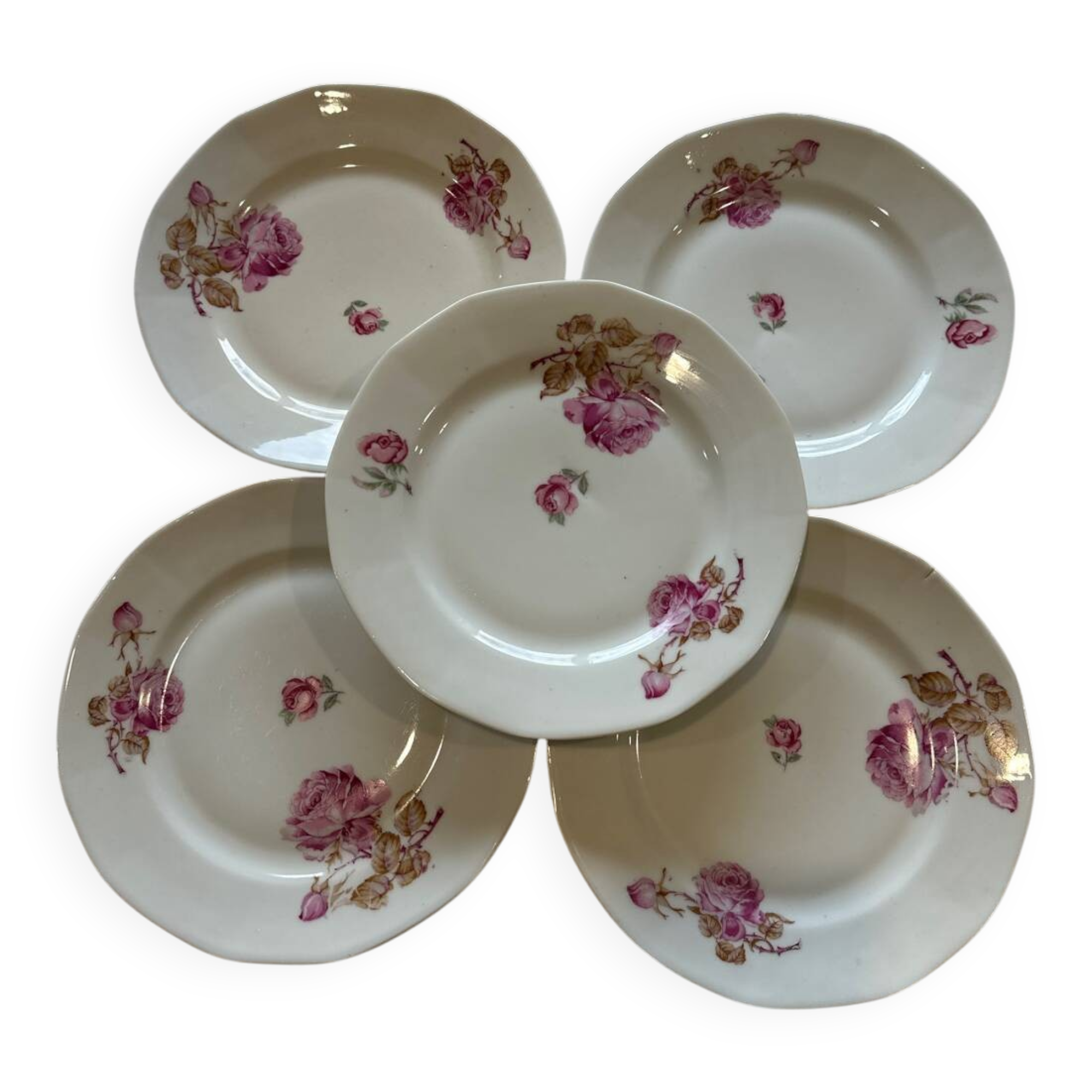 Set of 5 plates with rose patterns.