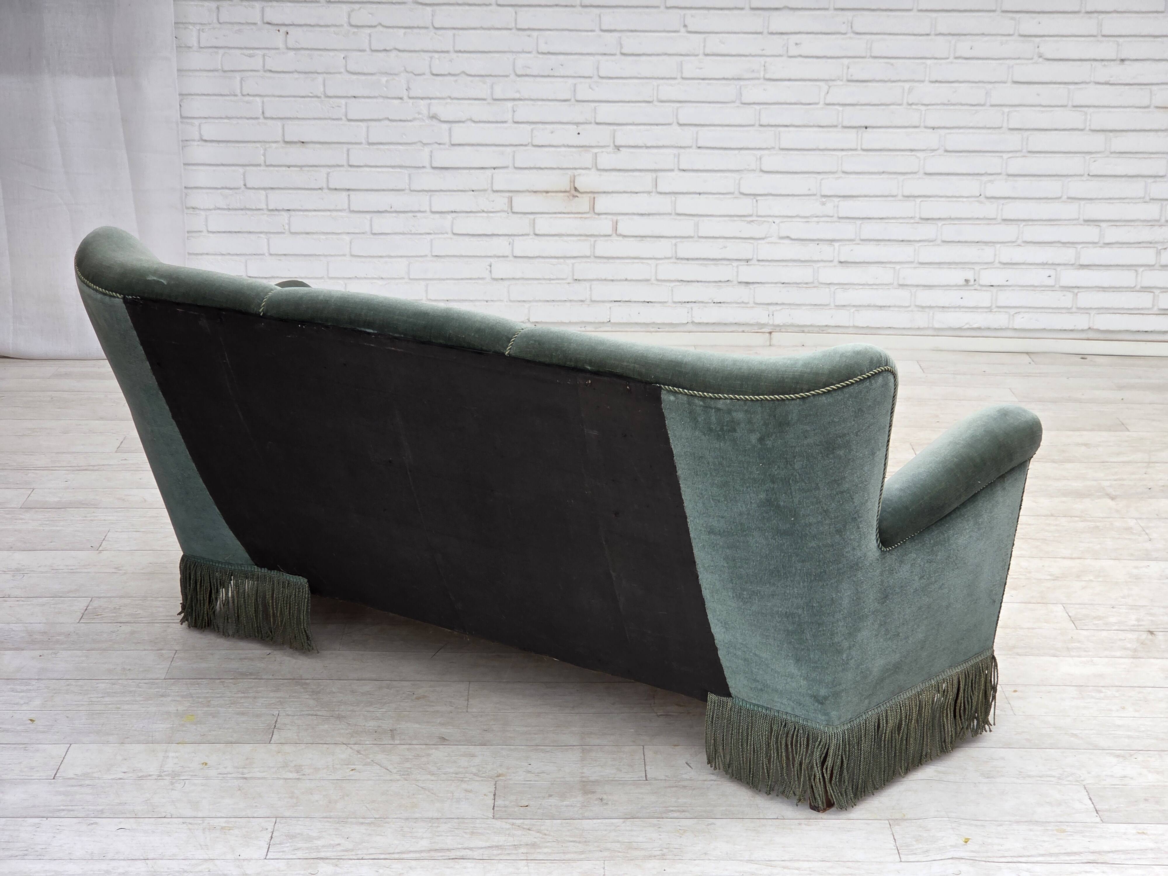1960s, 3-seater Danish sofa, green furniture velour.