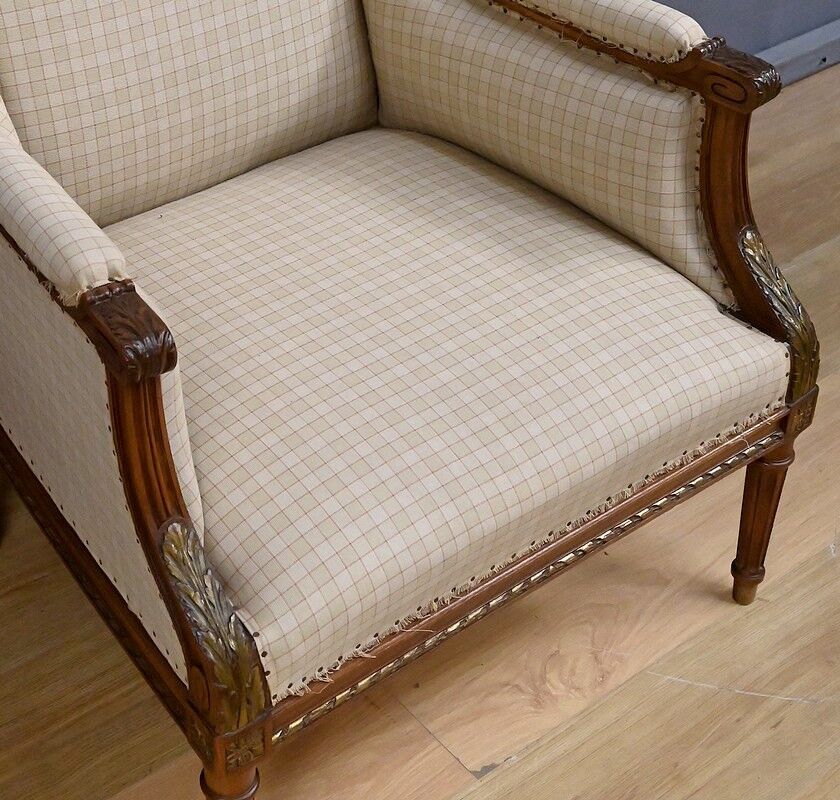 Wingback armchair in walnut, Louis XVI style – late 19th century