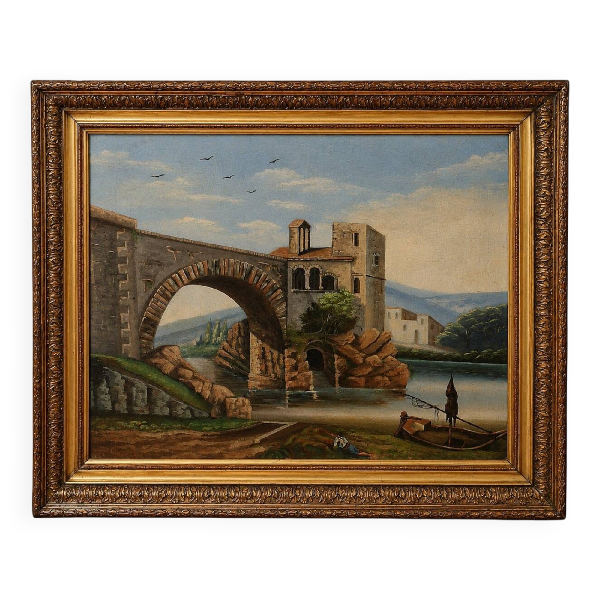 H. Nicolini  – Paysage animé au pont de pierre, XIXe siècle