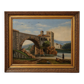 H. Nicolini  – Paysage animé au pont de pierre, XIXe siècle