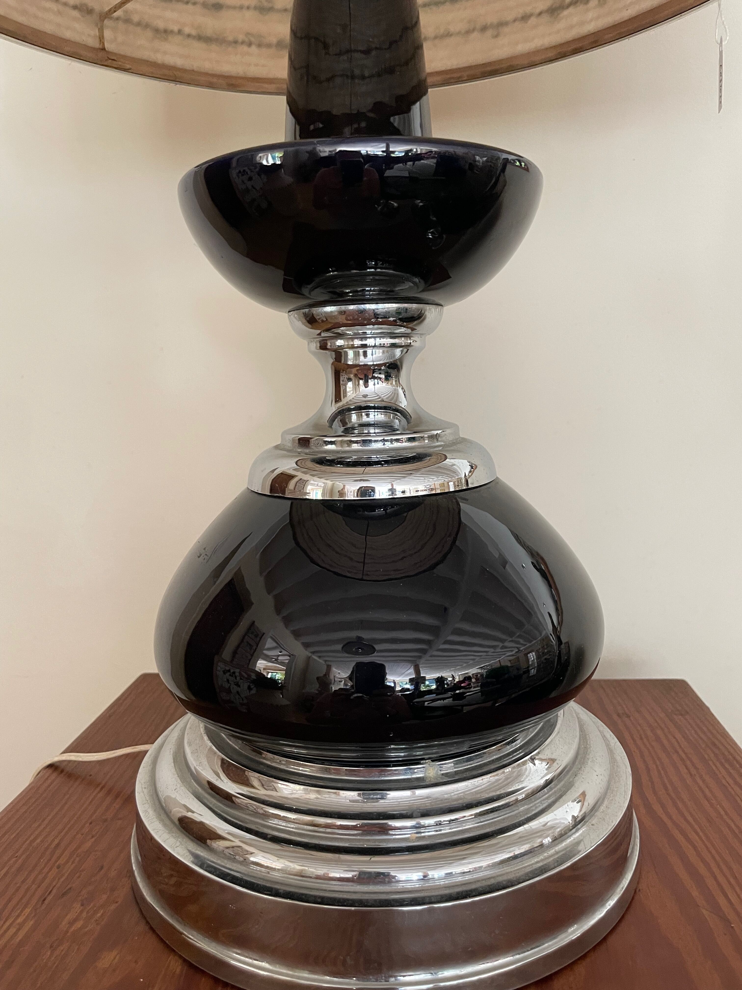 Black glass and metal lamp, vintage wool lampshade