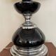 Black glass and metal lamp, vintage wool lampshade