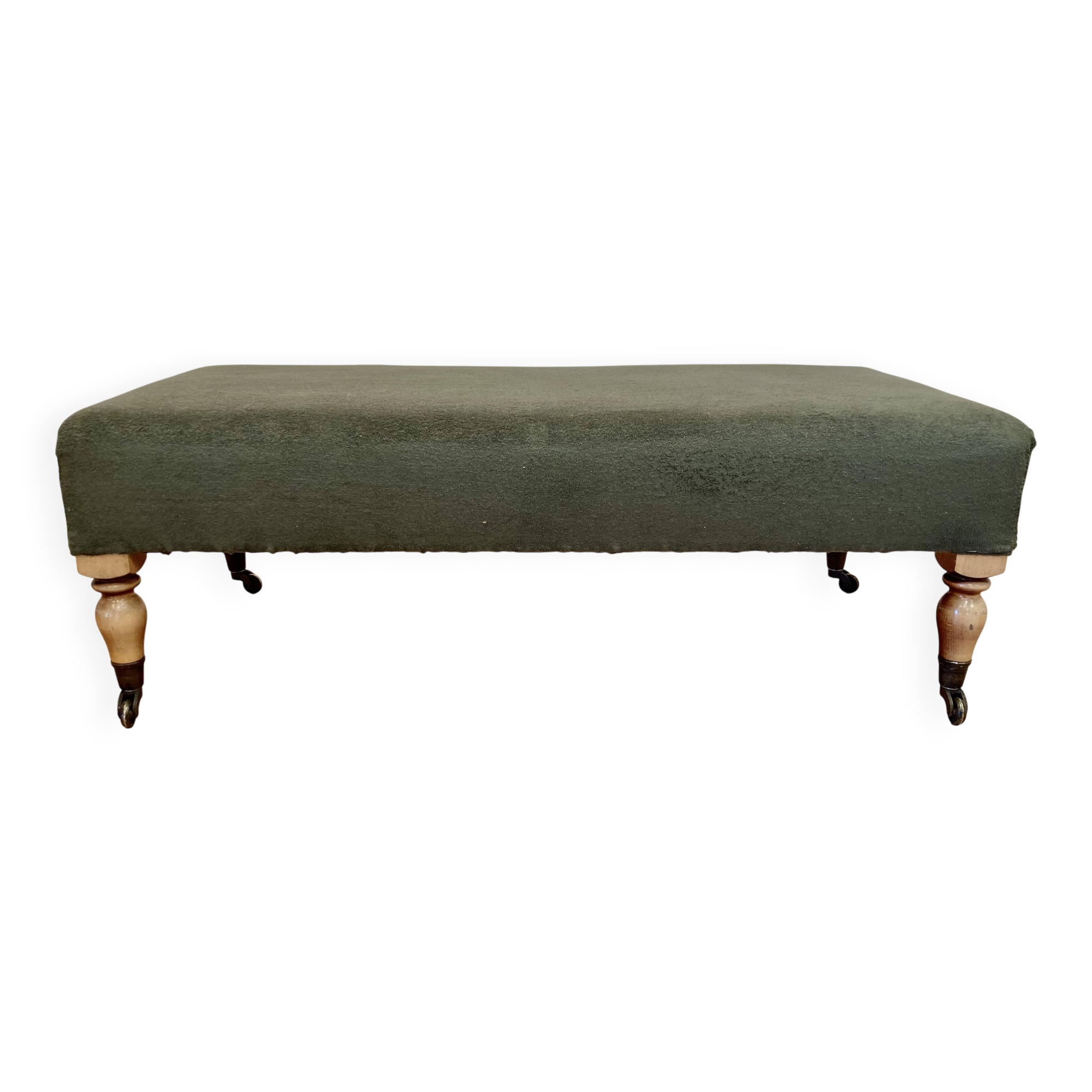 Khaki and oak sofa on casters, 1950s design.