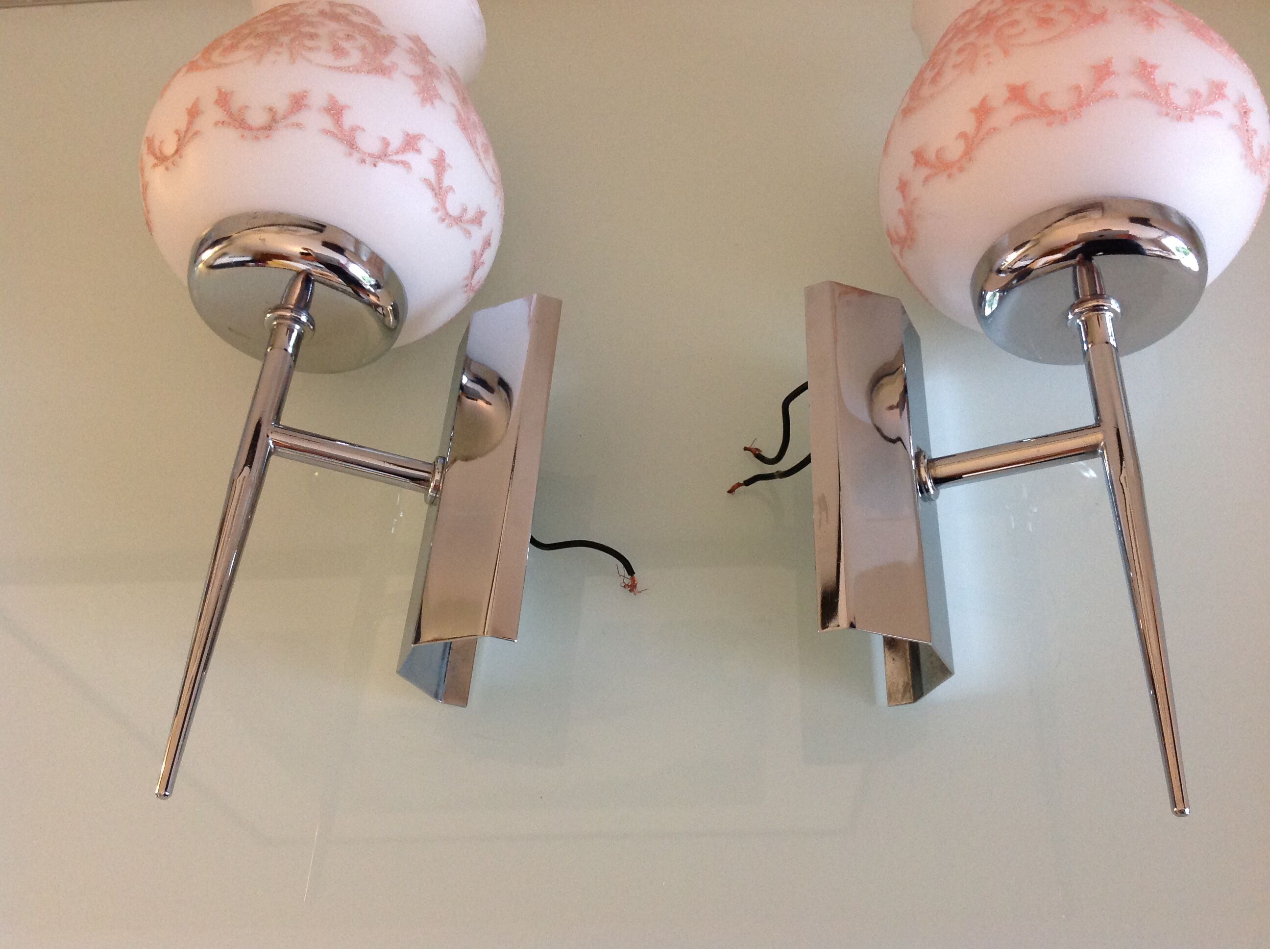Pair of white opaline and chromed metal / vintage wall lamp 60s-70s