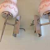 Pair of white opaline and chromed metal / vintage wall lamp 60s-70s