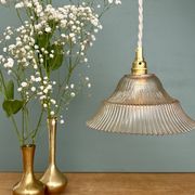 Vintage amber ribbed glass lampshade pendant light