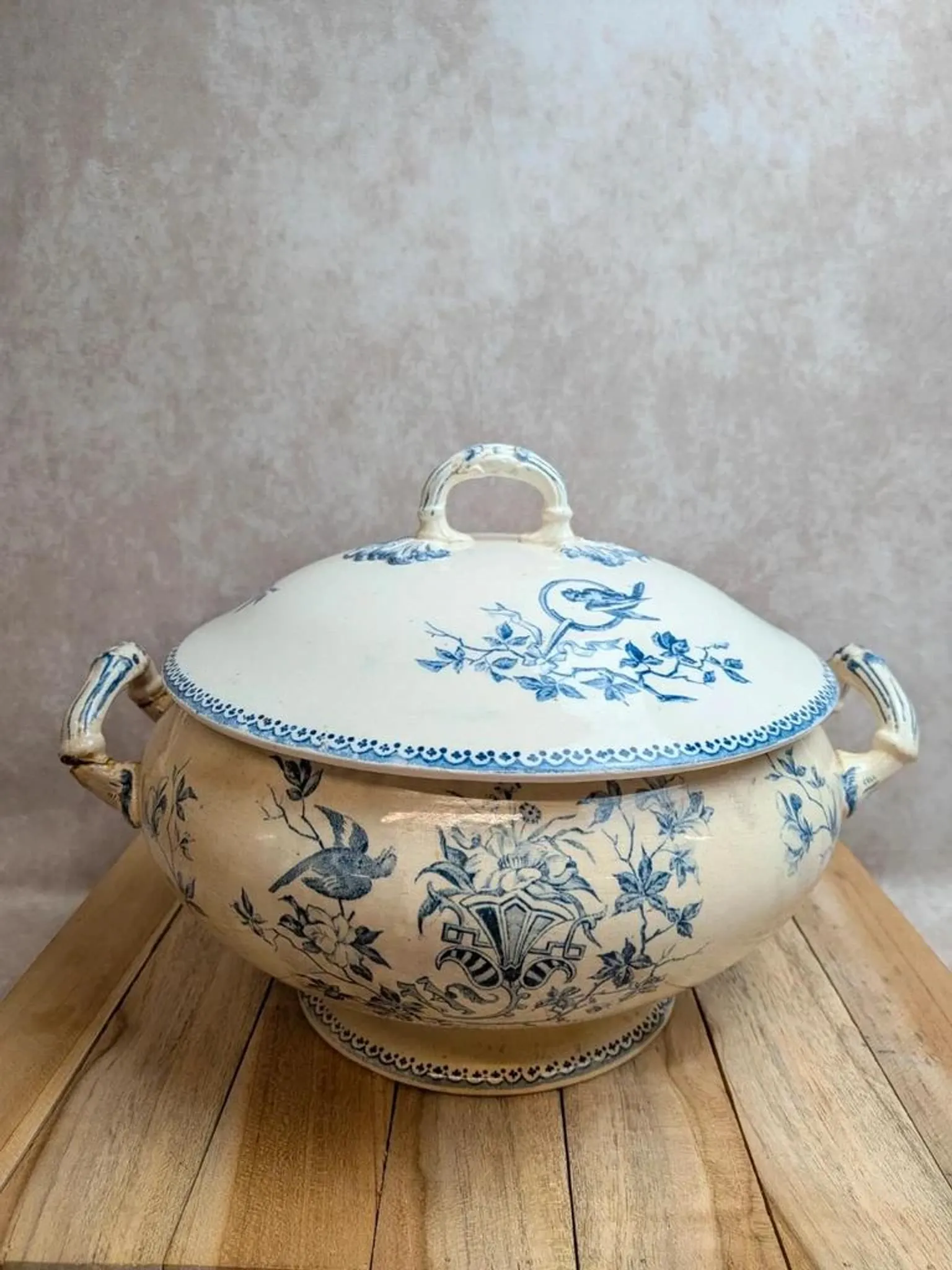 Grande soupière ancienne en terre de fer Creil et Montereau – Perruche