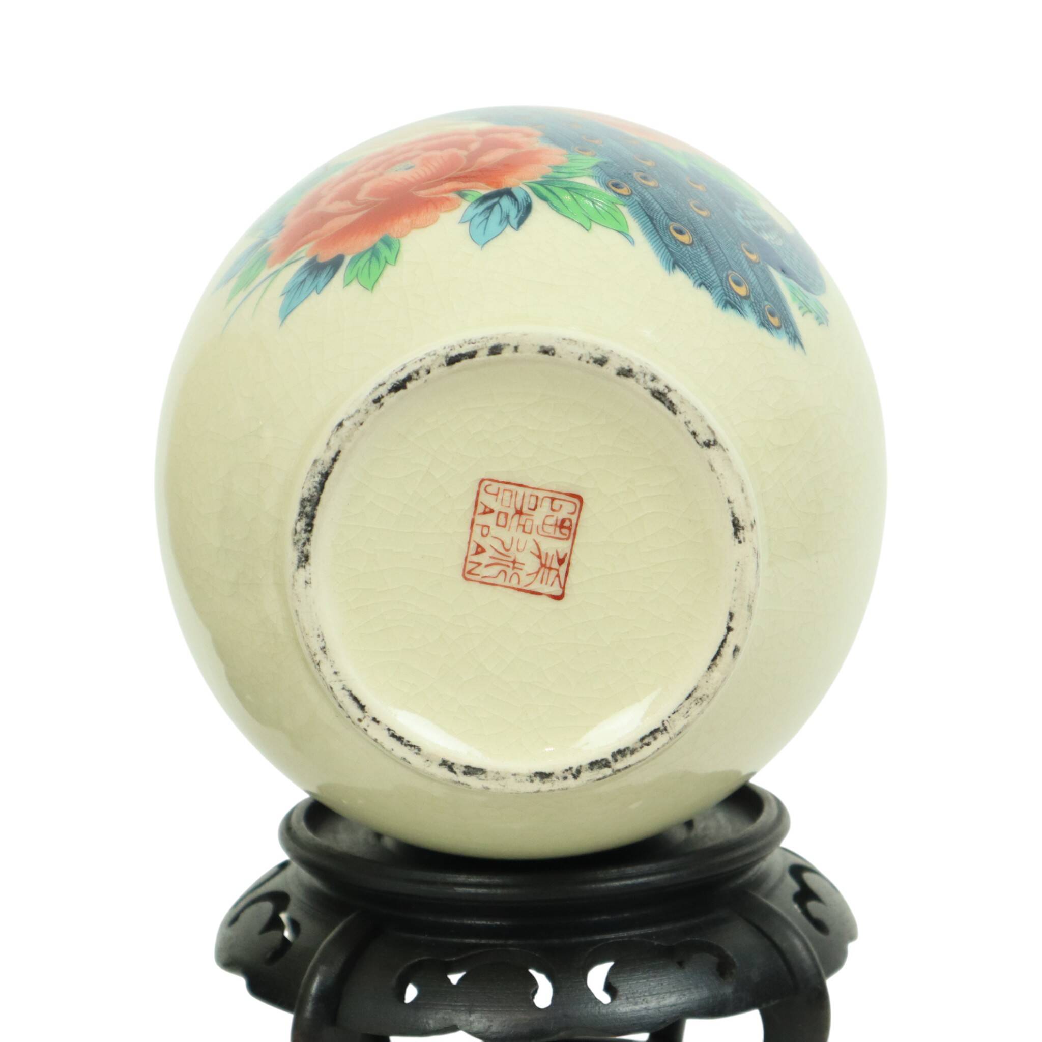 Pair of Japanese Vases Peacocks Flowers Crackle Ceramic 26cm