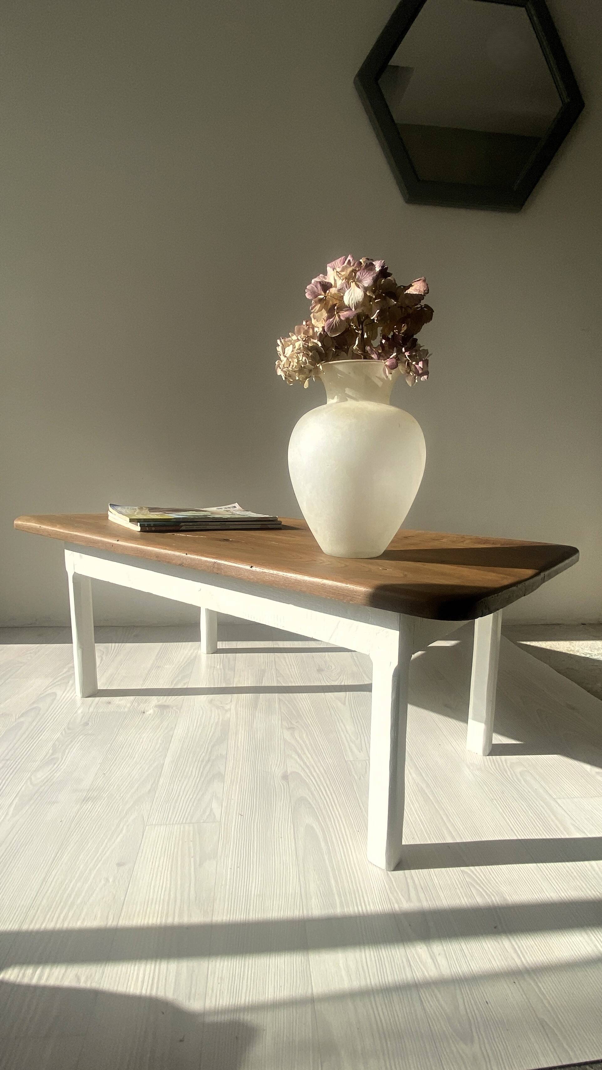 Restored antique coffee table – Natural oak and cream legs