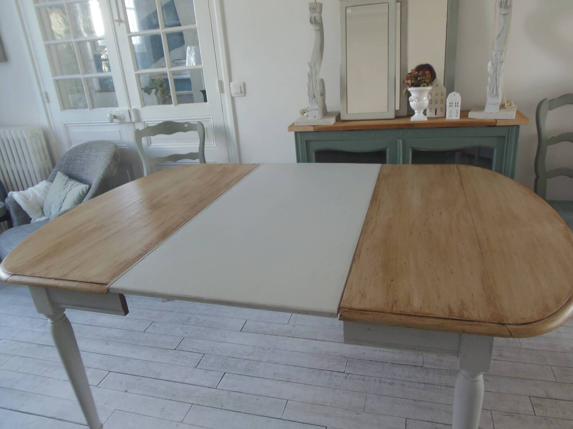 Flap table, pearl gray patinated base, medium oak waxed top.