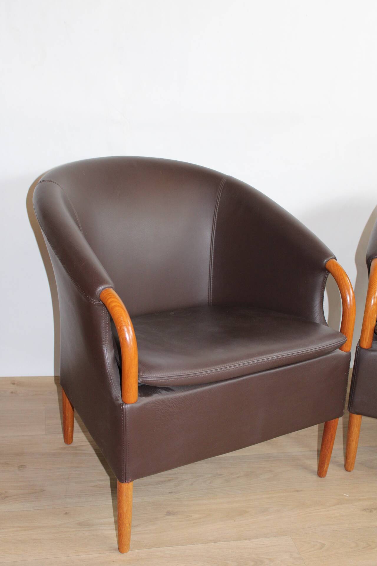 Pair of vintage Scandinavian armchairs brown leather opus 1982 suede