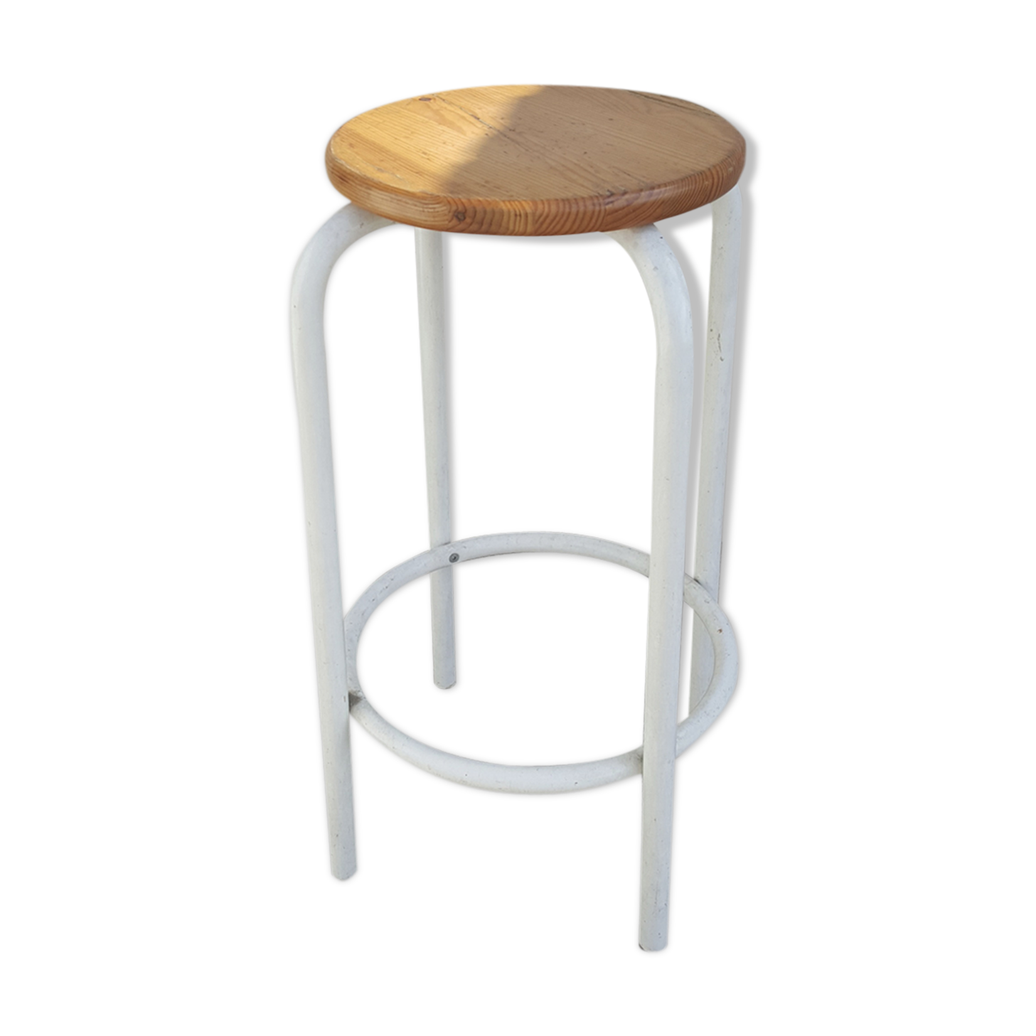 Tabouret haut industriel en bois et métal des années 50