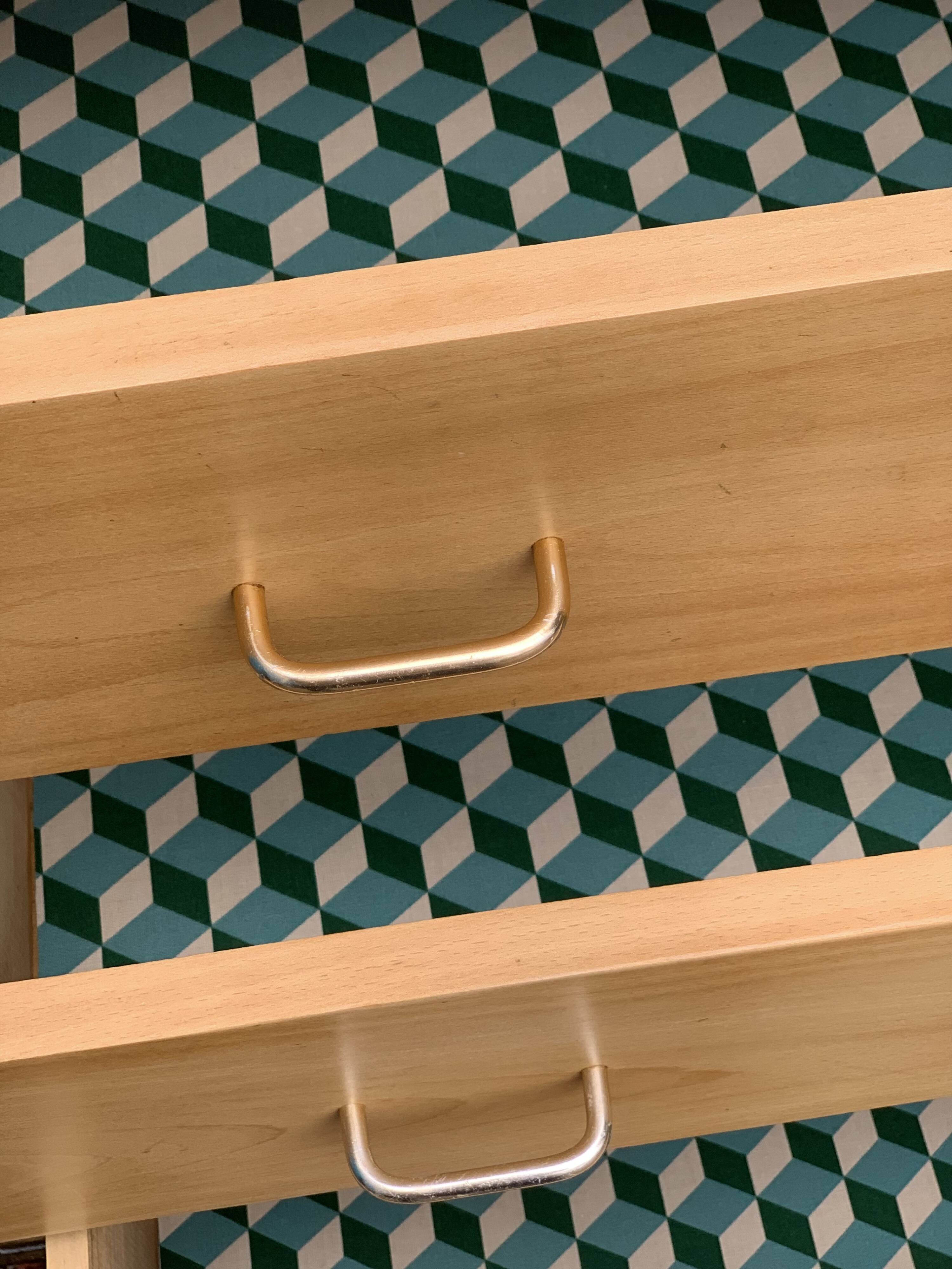 Vintage chest of drawers with compass feet, solid raw beech, 1960s