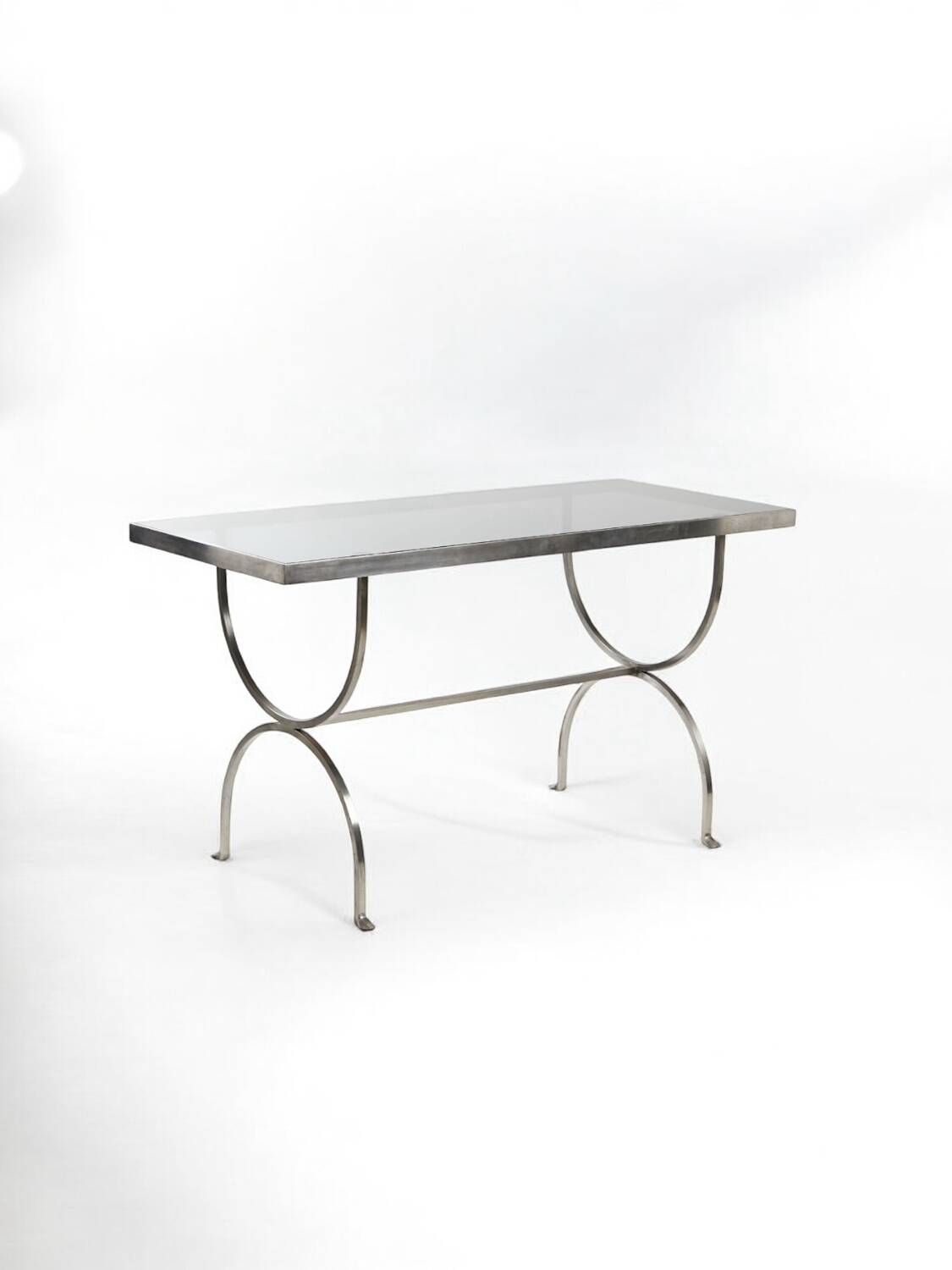 Console en acier brossé et verre fumé Moderniste - 1970