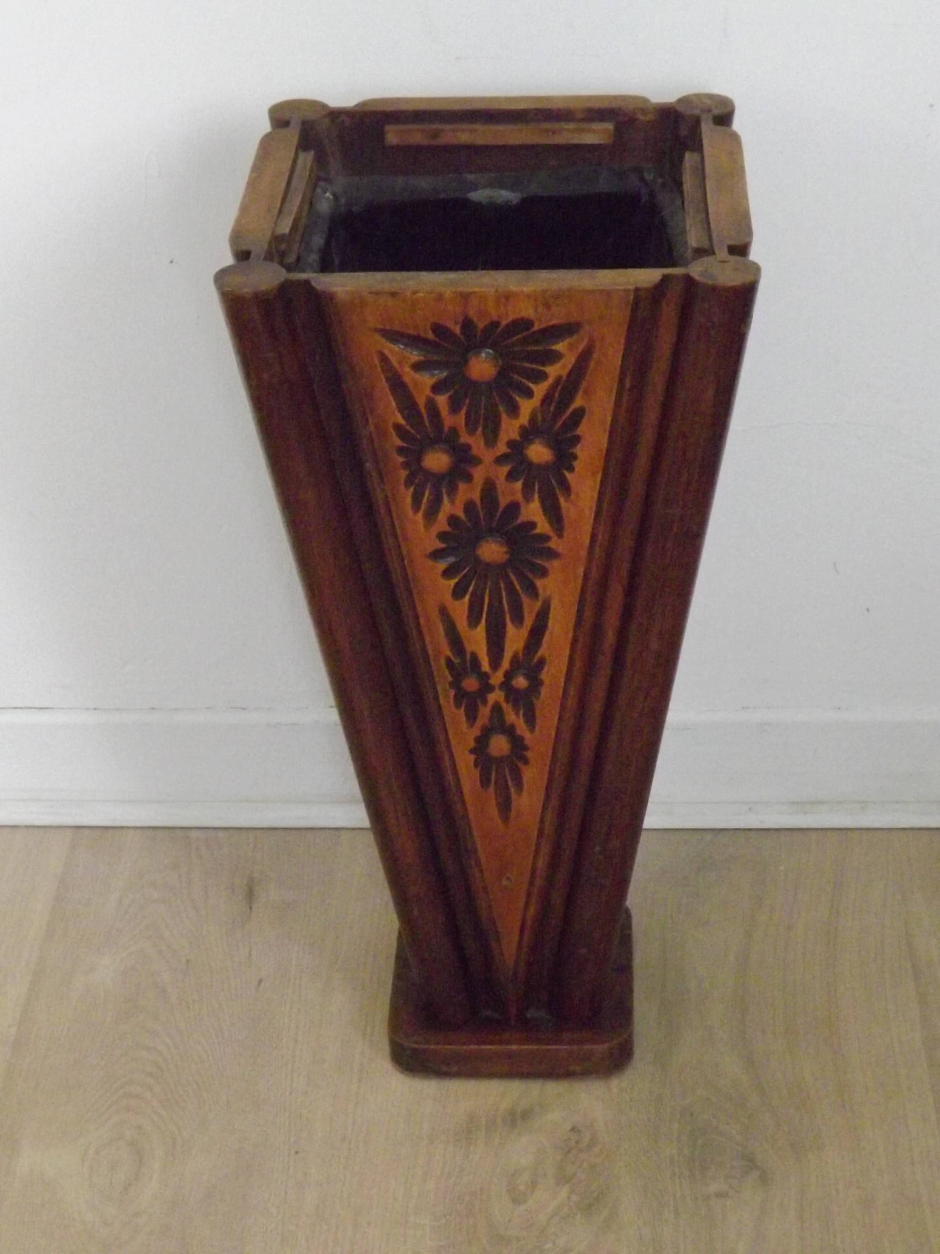 French antique oak tin-lined hand-carved umbrella stand with flower decoration.