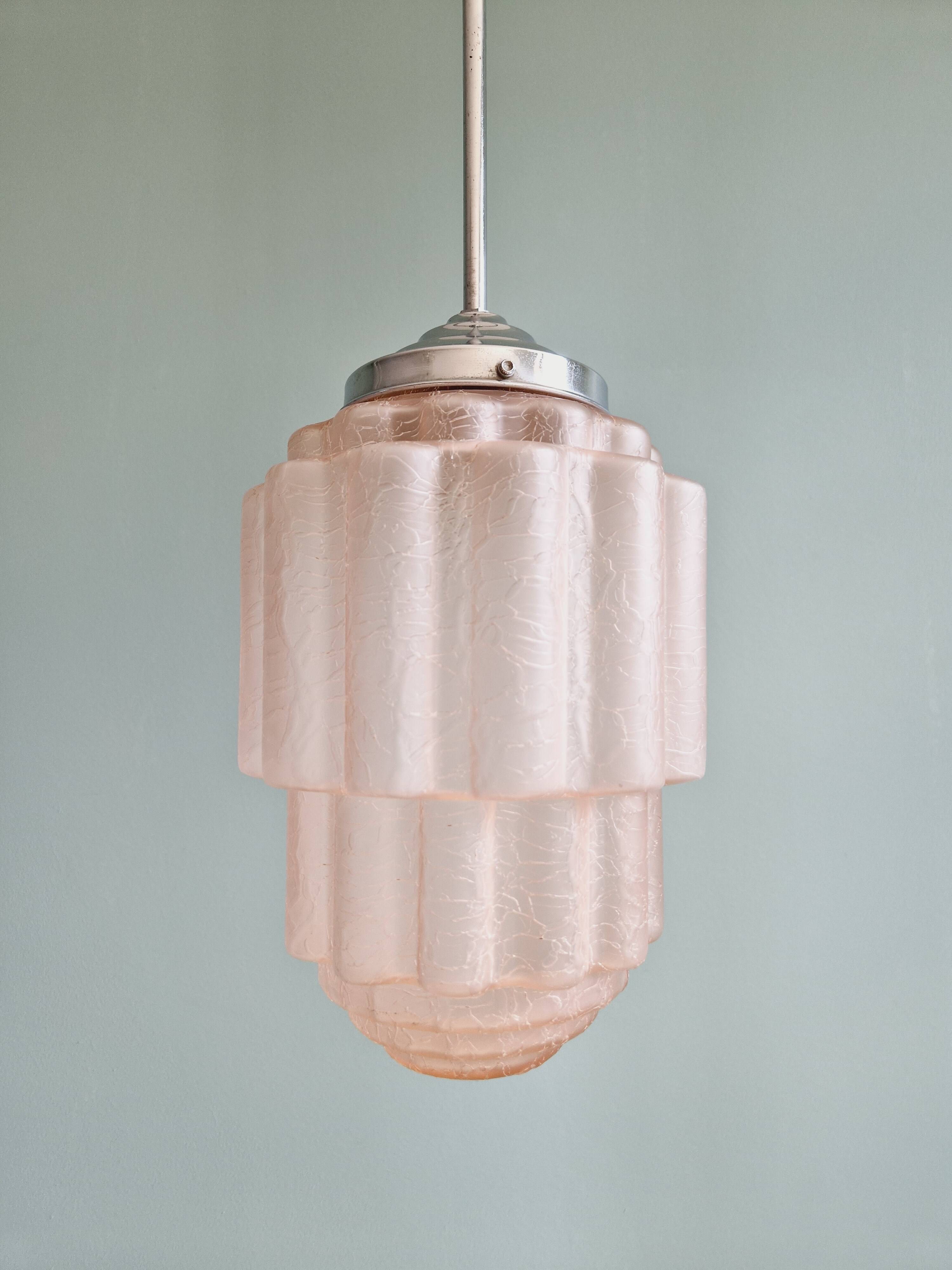Art Deco Skyscraper pendant light in pink cracked glass