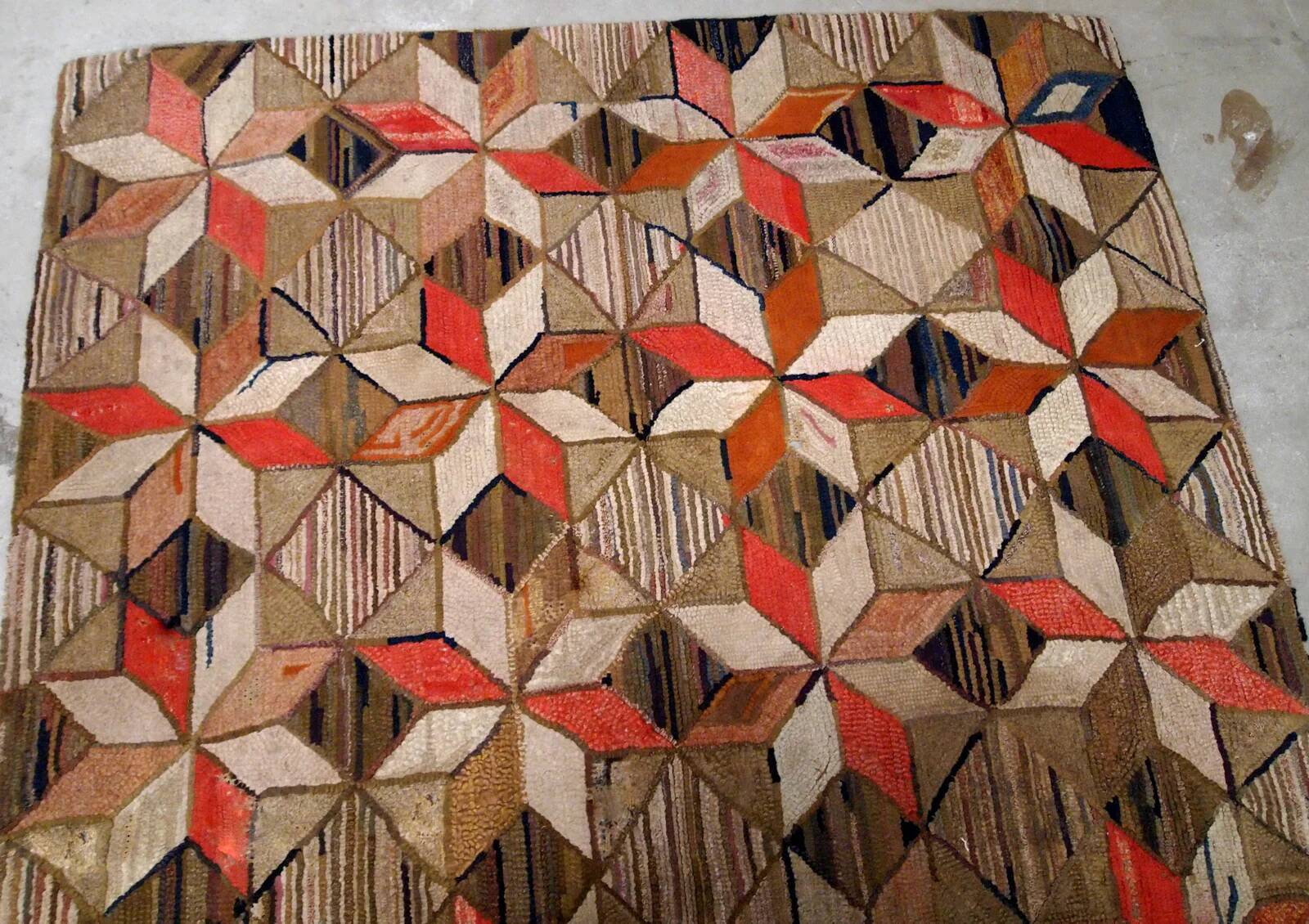 Handmade antique American Hooked geometric rug 4.8' x 7.7' (146cm x 234cm) 1900s - 1B654