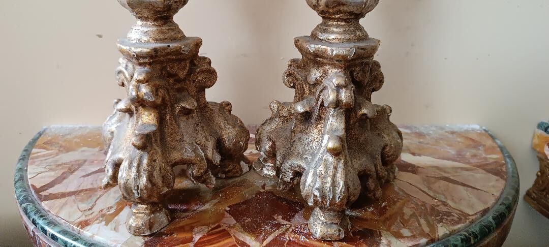 Pair of antique candlesticks from Italy, 18th century.