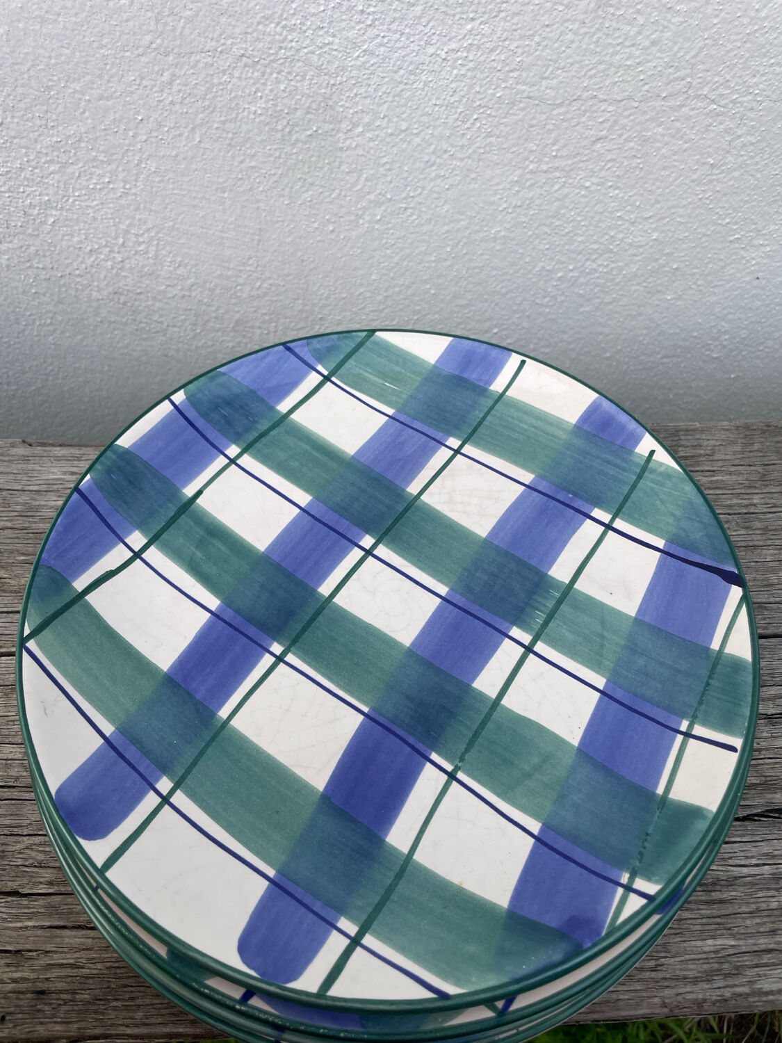 10 blue and green checked ceramic plates