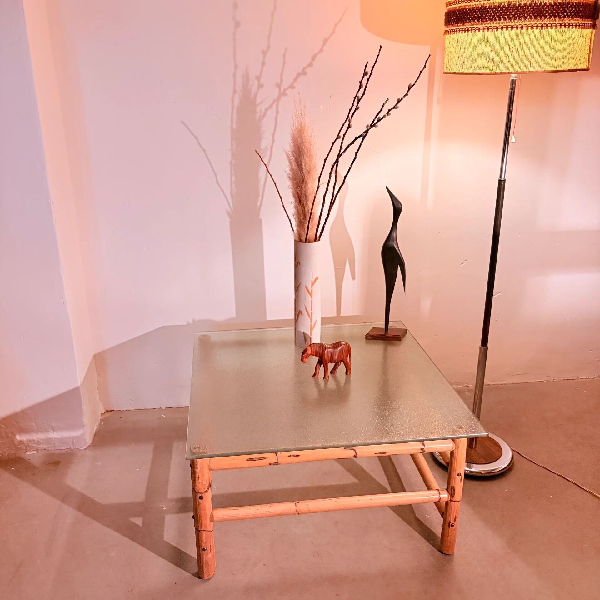 Vintage bamboo coffee table with glass top, 1970s, Brazil