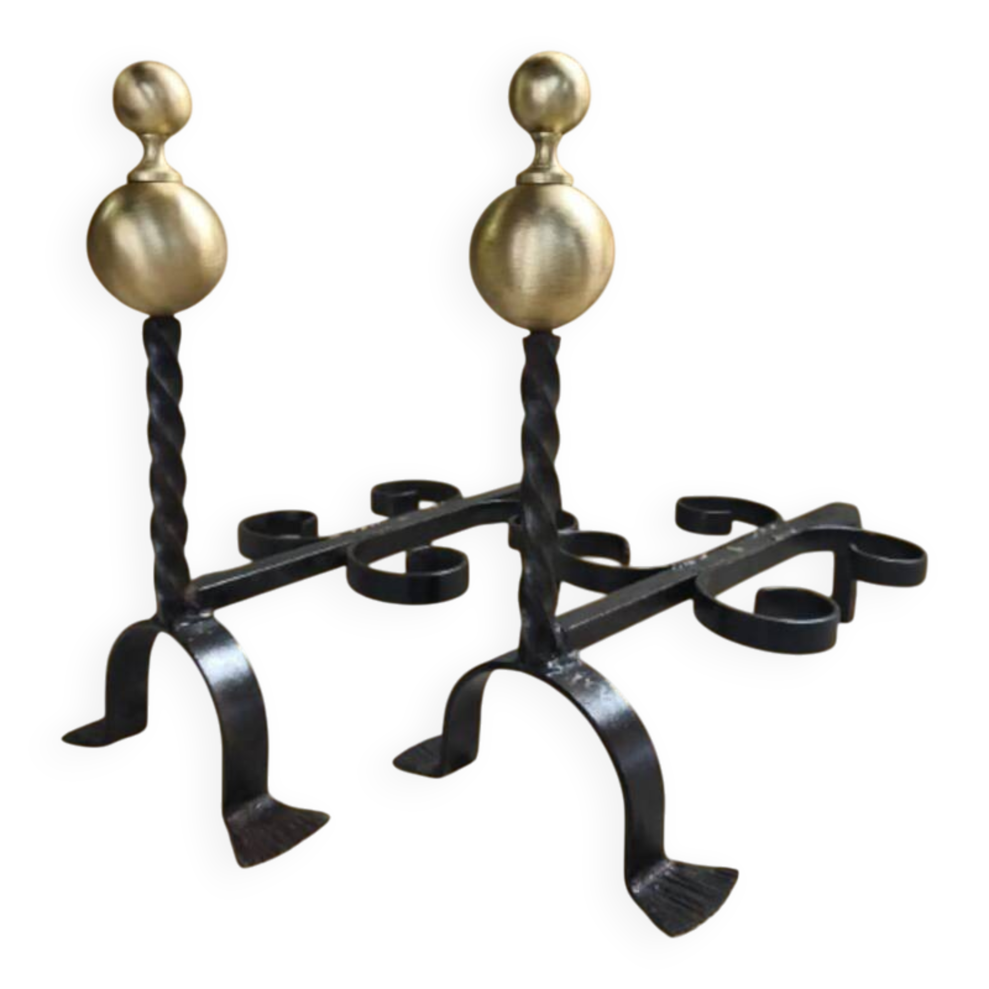 Pair of wrought iron candlesticks with cast bronze ball, 1970s.