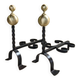 Pair of wrought iron candlesticks with cast bronze ball, 1970s.