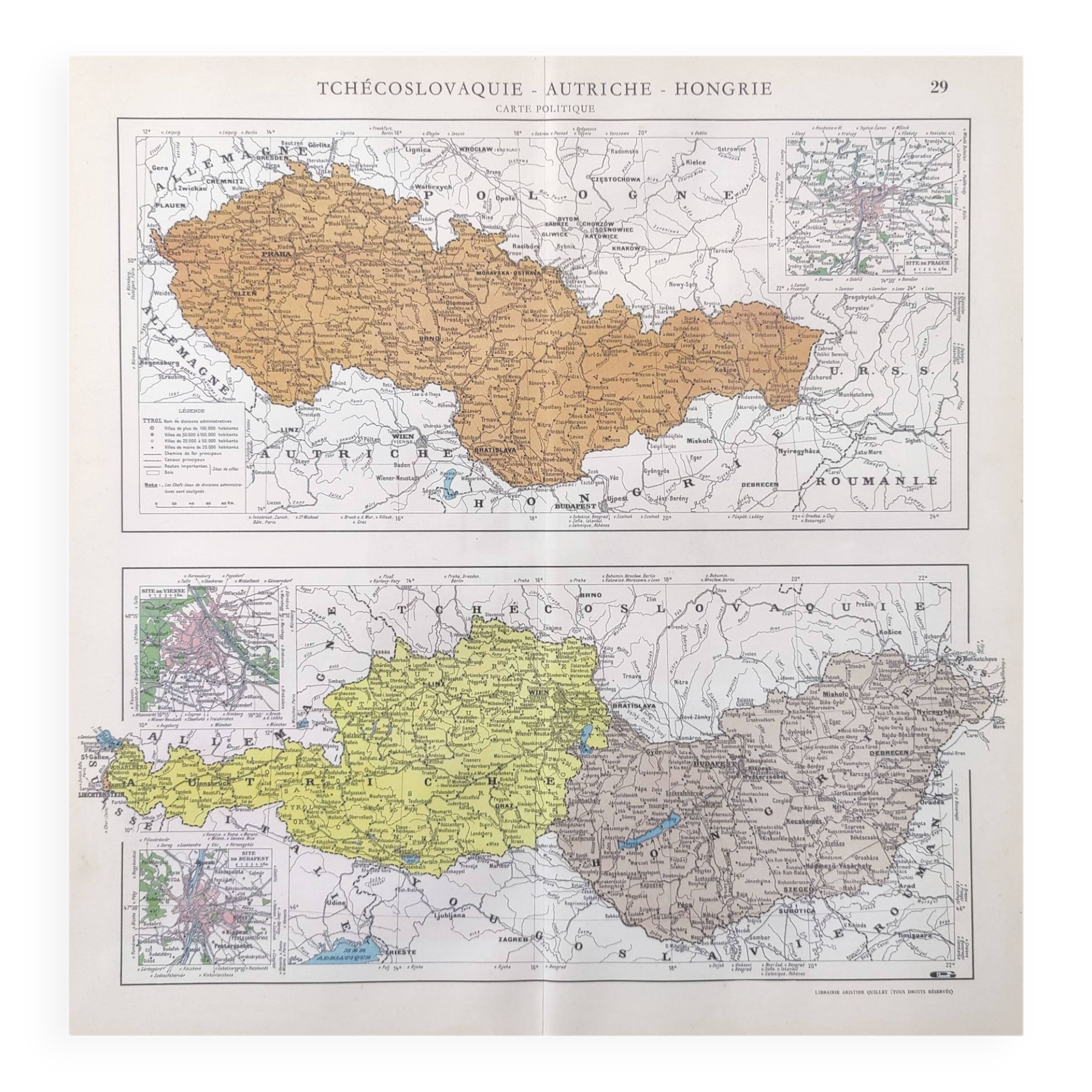 Old map Austria Czechoslovakia Hungary 43x43cm from 1950