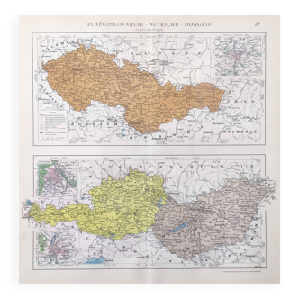 Old map Austria Czechoslovakia Hungary 43x43cm from 1950