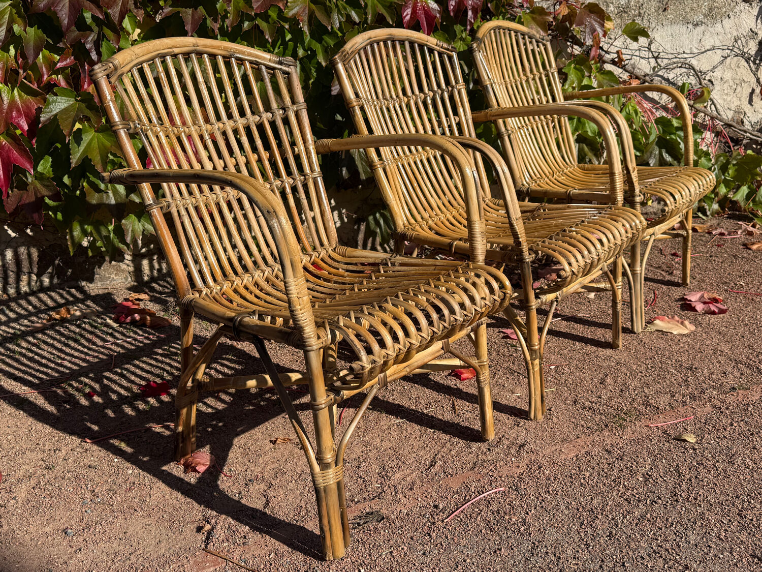 Set of 3 rattan armchairs from the 1970s France