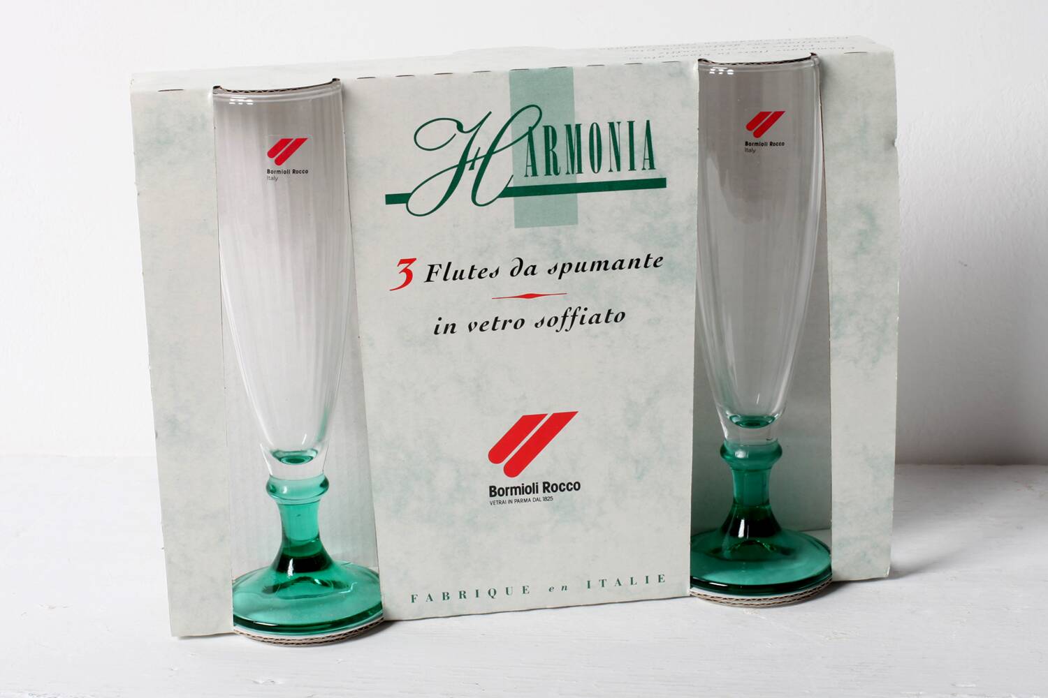 Set of 3 Vintage Green Stem Champagne Flutes: Bormioli Rocco Harmonia, 1990