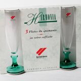 Set of 3 Vintage Green Stem Champagne Flutes: Bormioli Rocco Harmonia, 1990