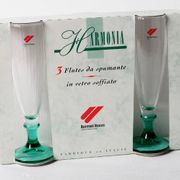 Set of 3 Vintage Green Stem Champagne Flutes: Bormioli Rocco Harmonia, 1990