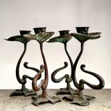 Set of four organically shaped bronze candlesticks in Art Nouveau style