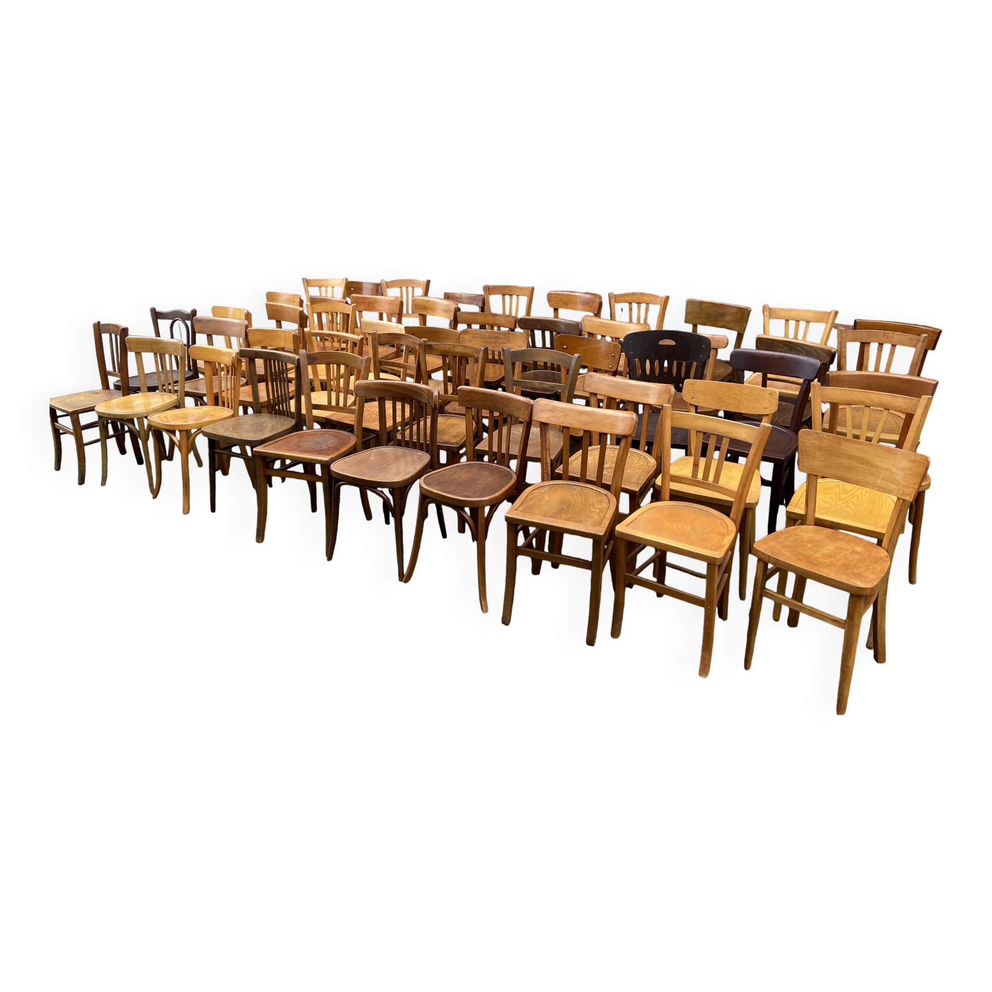 Lot of 50 mismatched bistro chairs french Restaurant THonet curved wood