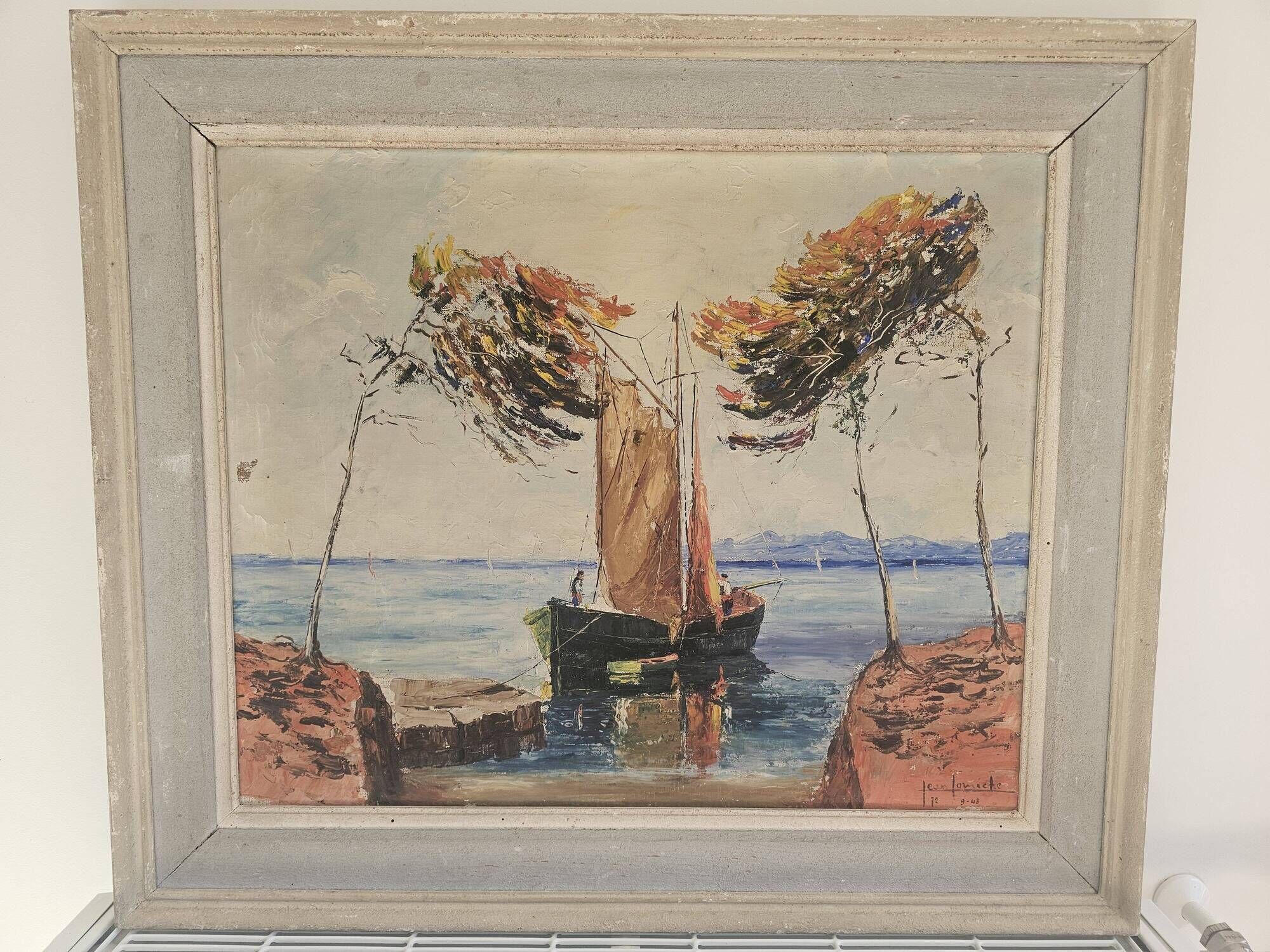 Oil Painting on Canvas Marine Boat at Sea - Signed Jean Corniche 1943