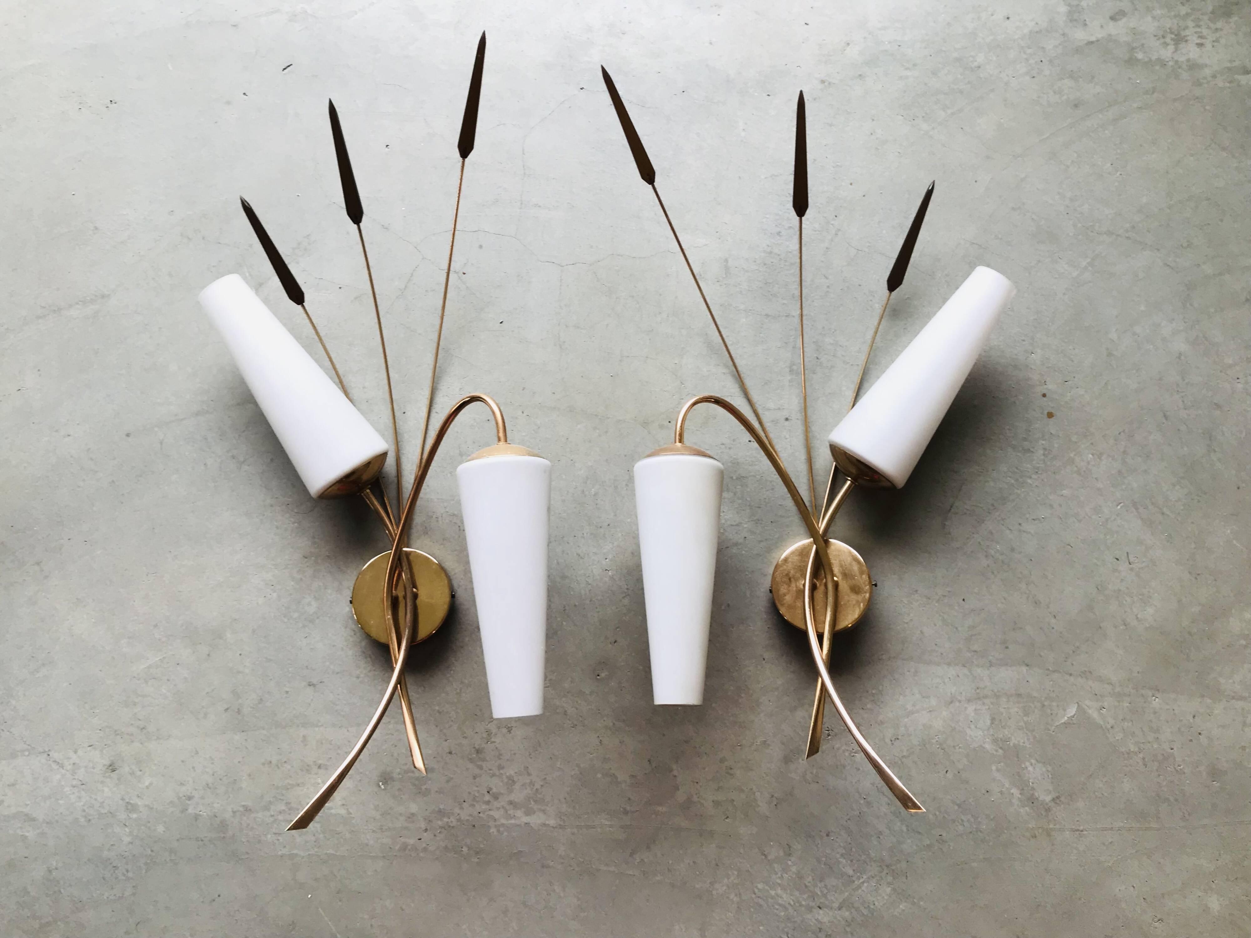 Pair of brass wall lights, circa 1950.