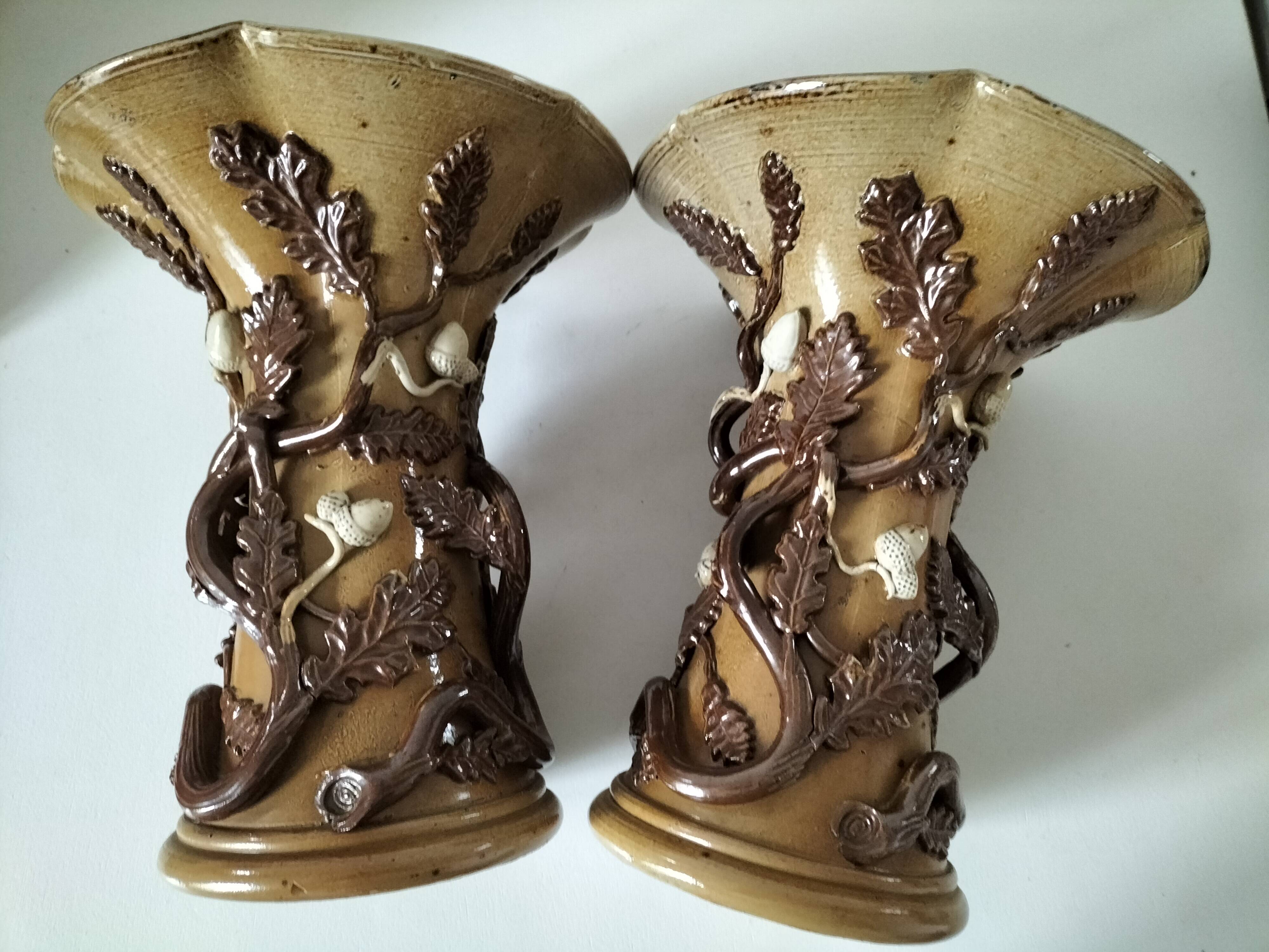 Duo of naturalistic stoneware vases – oak branches & acorns in relief