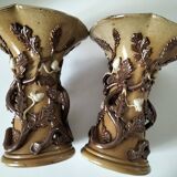 Duo of naturalistic stoneware vases – oak branches & acorns in relief