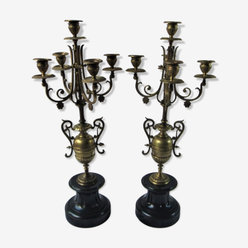 Pair of bronze Napoleon III marble candelabra with mantelpiece decoration