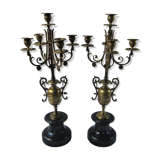 Pair of bronze Napoleon III marble candelabra with mantelpiece decoration
