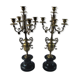 Pair of bronze Napoleon III marble candelabra with mantelpiece decoration