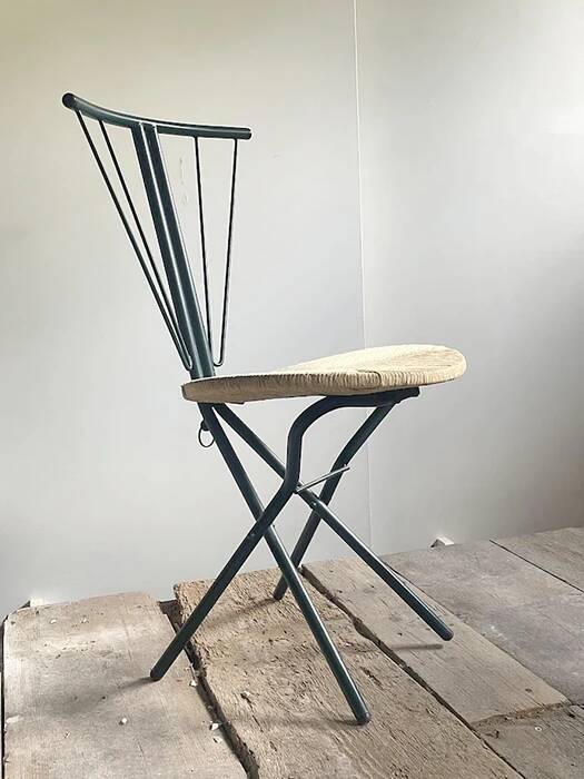 LaPalma folding chairs set of 2, dark green metal & woven cord, Italy, 1970s