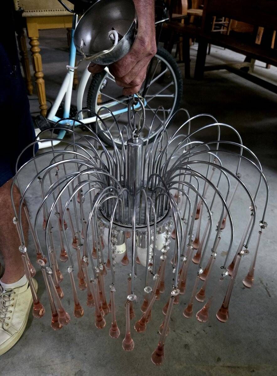 Paolo Venini: Cascade chandelier with pink Murano glass drops.