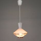 UFO-shaped pendant lamp with white glass on top and clear glass with white